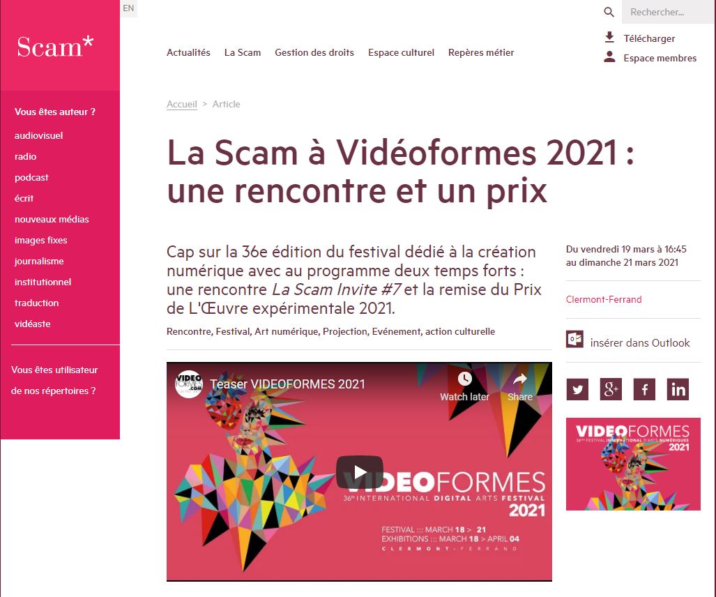 La Scam à Vidéoformes 2021 : une rencontre et un prix